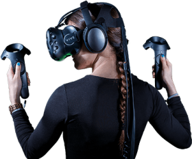 girl in a black shirt using VIVE Pro 2 with controllers